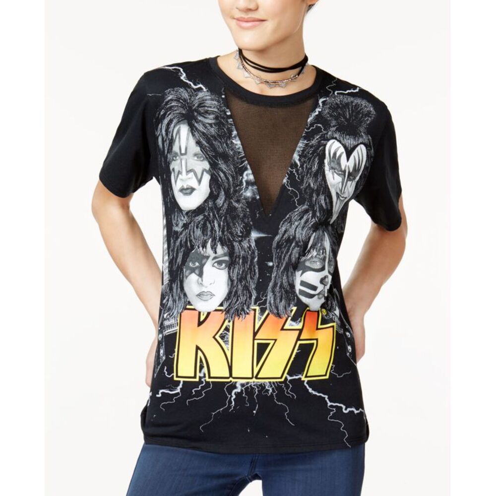 Freeze 24-7 Juniors' KISS Fishnet-Inset Graphic T-Shirt